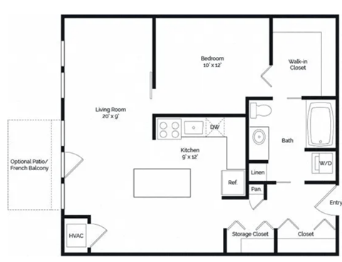 Floor plan for 1 bed, 1 bath, 753 sqft